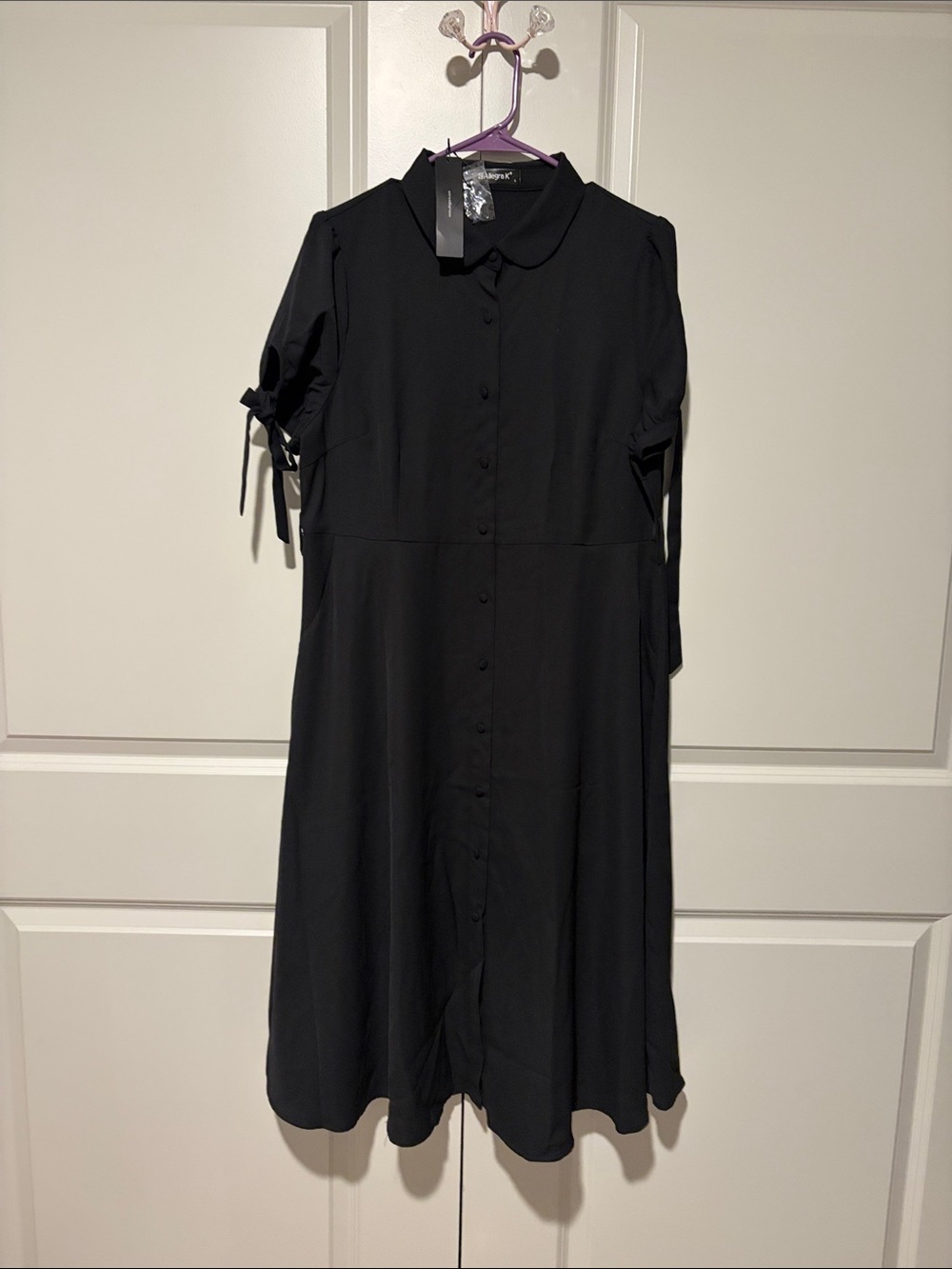 Allegra K Black Button-Front Midi Dress with Tie Sleeves